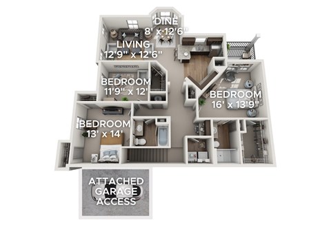 Floor plan for 3 beds, 2 baths, 1593 sqft